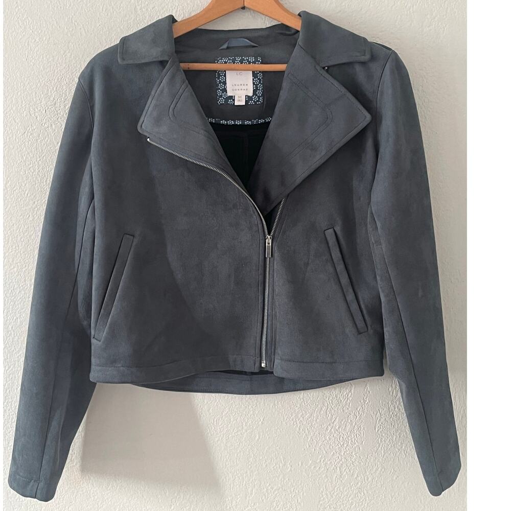Women's LC Lauren Conrad Faux Soft Suede Blue Gray Moto Jacket Coat Size M
